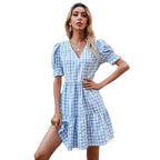 Damen Gingham-Kleid mit Volant und Puffärmeln R&B