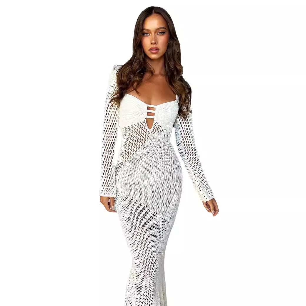 Damen langes Häkelkleid mit V-Ausschnitt und dekorativen Cut-Outs R&B
