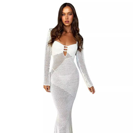 Damen langes Häkelkleid mit V-Ausschnitt und dekorativen Cut-Outs R&B