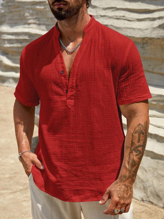 Herren Kurzarm Henley Hemd mit modernem Stehkragen aus leichtem Baumwollmaterial R&B