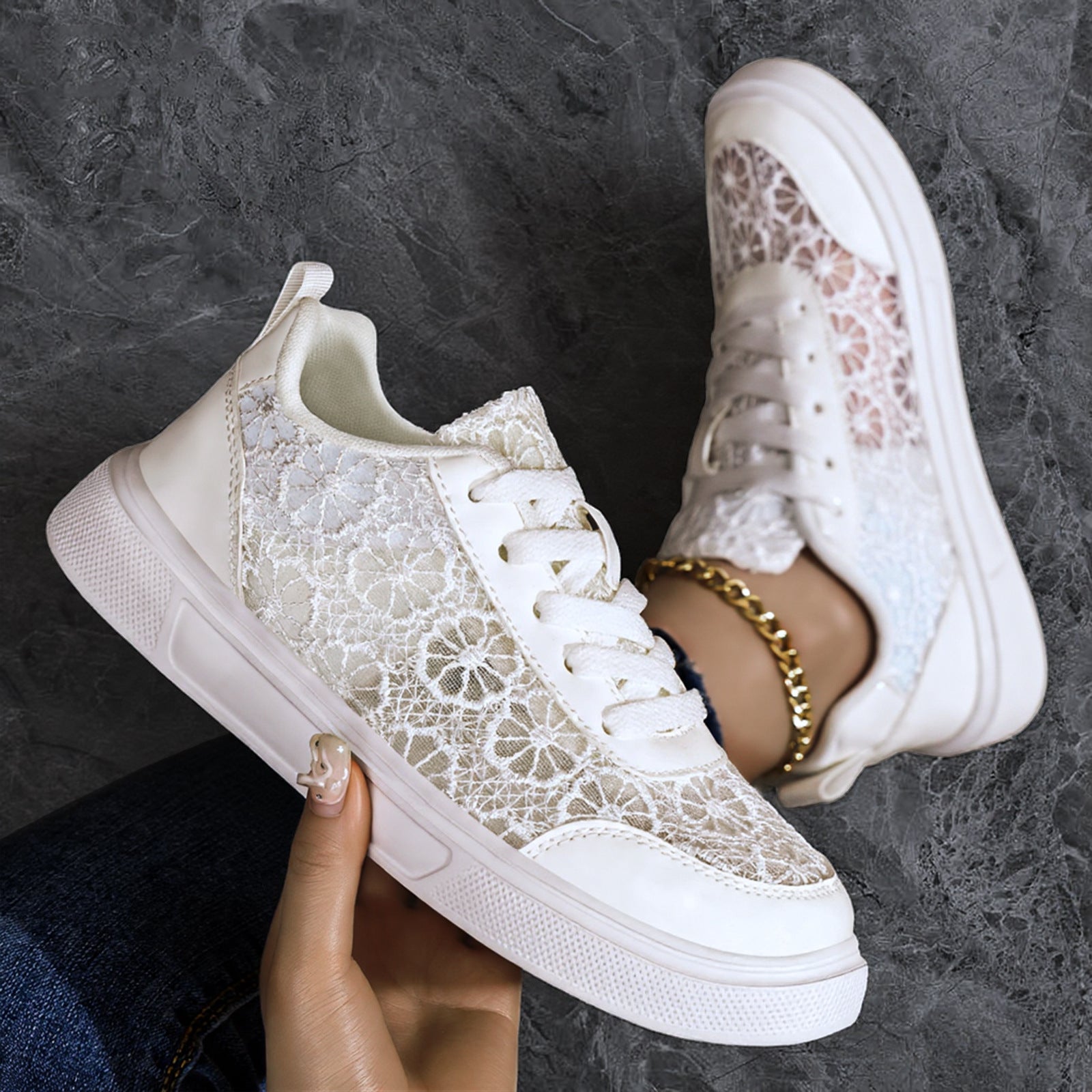 Damen nan eleganter Plateausneaker mit feinem Spitzenbesatz, gepolstertem Fersenkragen und stoßdämpfender EVA-Sohle R&B
