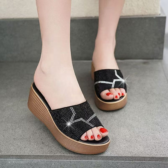 Damen Wedge-Pantoletten mit funkelndem Strass und rutschfester Sohle R&B