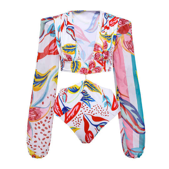 Damen Bikiniset mit langärmliger Bluse und trendy Muster R&B