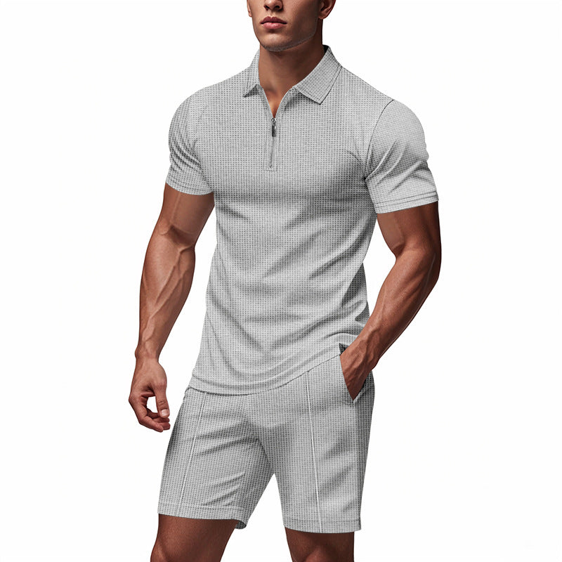 Herren Sportliches Kurzarm-Set mit teils strukturiertem Design und durchgehendem Reißverschluss R&B