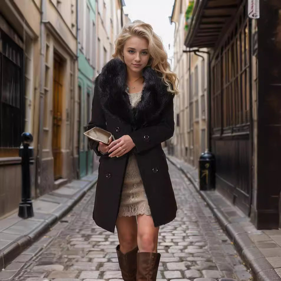 Damen eleganter Trenchcoat mit Kunstpelzkragen und Taillengürtel R&B