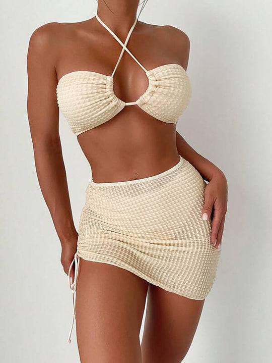 Damen Bandeau-Bikini mit verstellbaren Trägern und schnürbarem Rock R&B