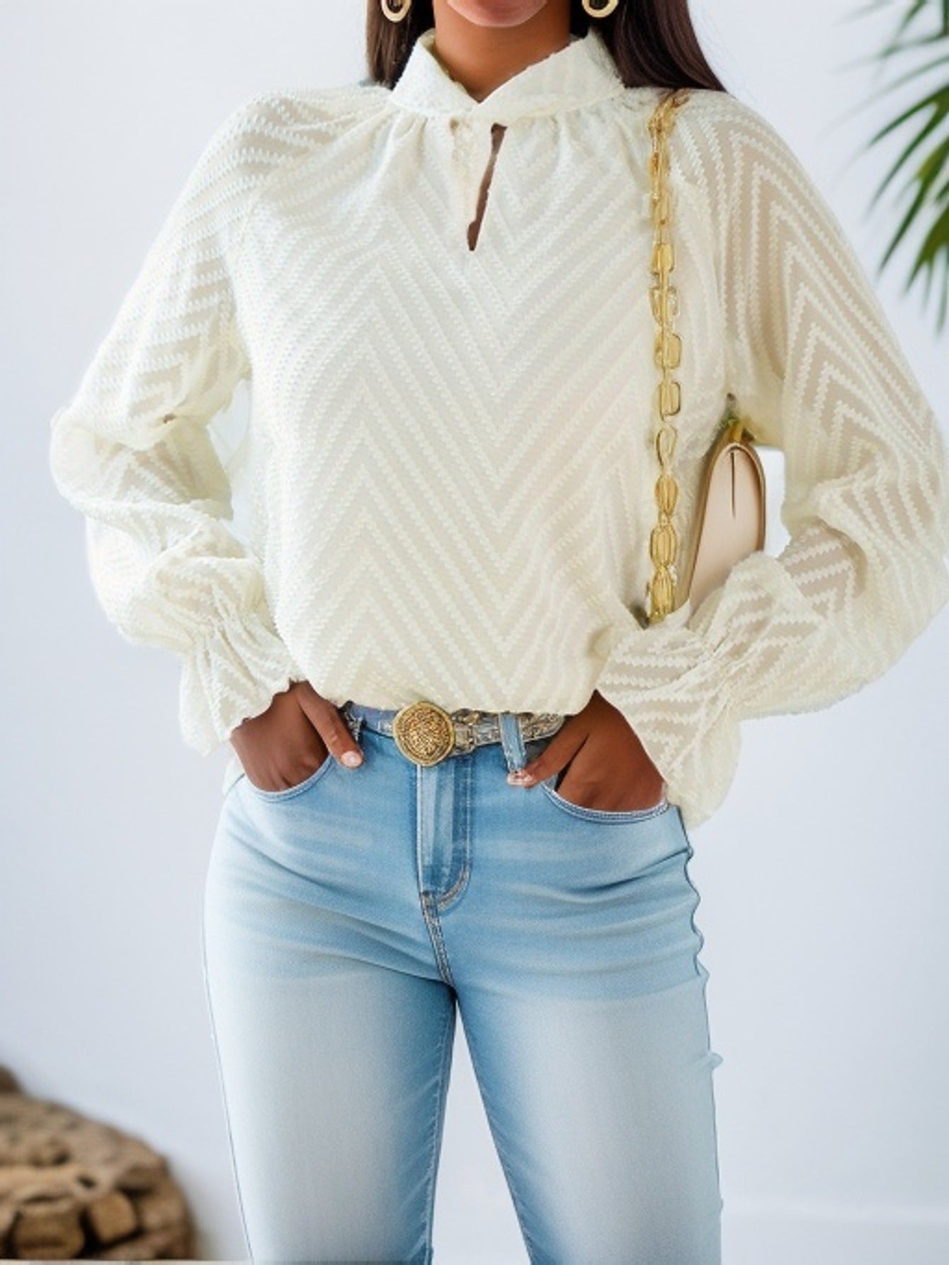 Damen elegante Bluse mit leicht transparenten Ärmeln und dekorativem Stehkragen R&B