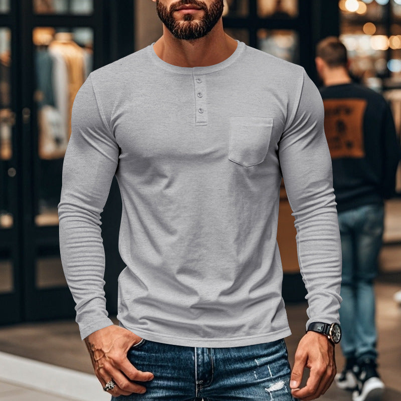 Herren nan schlankes Langarm-Buttonshirt mit kurzer Knopfleiste und Brusttasche R&B