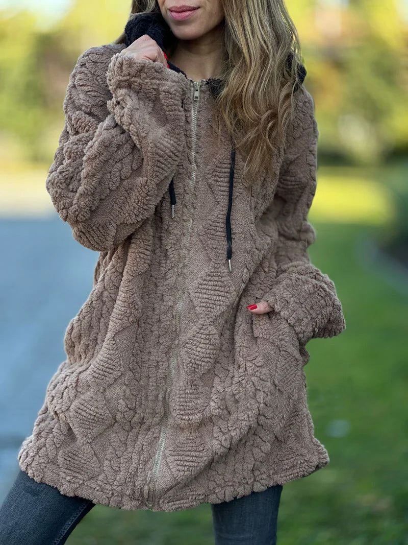 Damen Übergroße Fleecejacke mit Kapuze und Reißverschluss