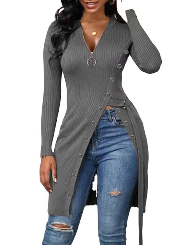 Damen figurbetontes Wickelshirt mit Knopfdetails und tiefem V-Ausschnitt R&B