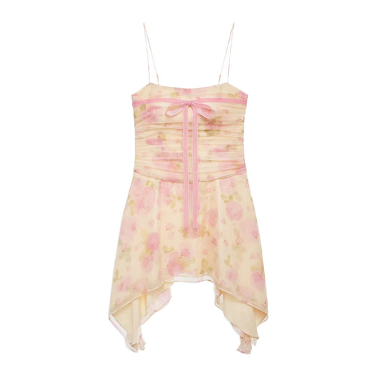 Damen Flower-Print Mini-Kleid mit asymmetrischem Saum und eleganter Raffung R&B