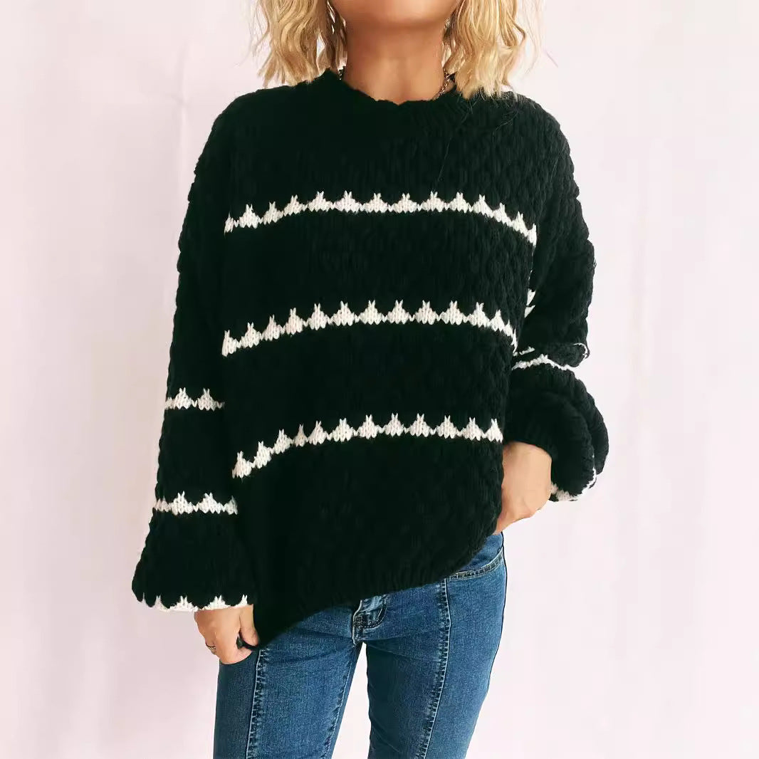 Damen Grobstrickpullover mit kontrastierenden Streifen R&B