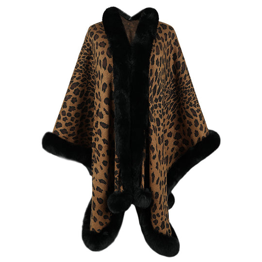 Damen kuscheliger Poncho mit luxuriösem Kunstfellbesatz und Leopardenmuster R&B