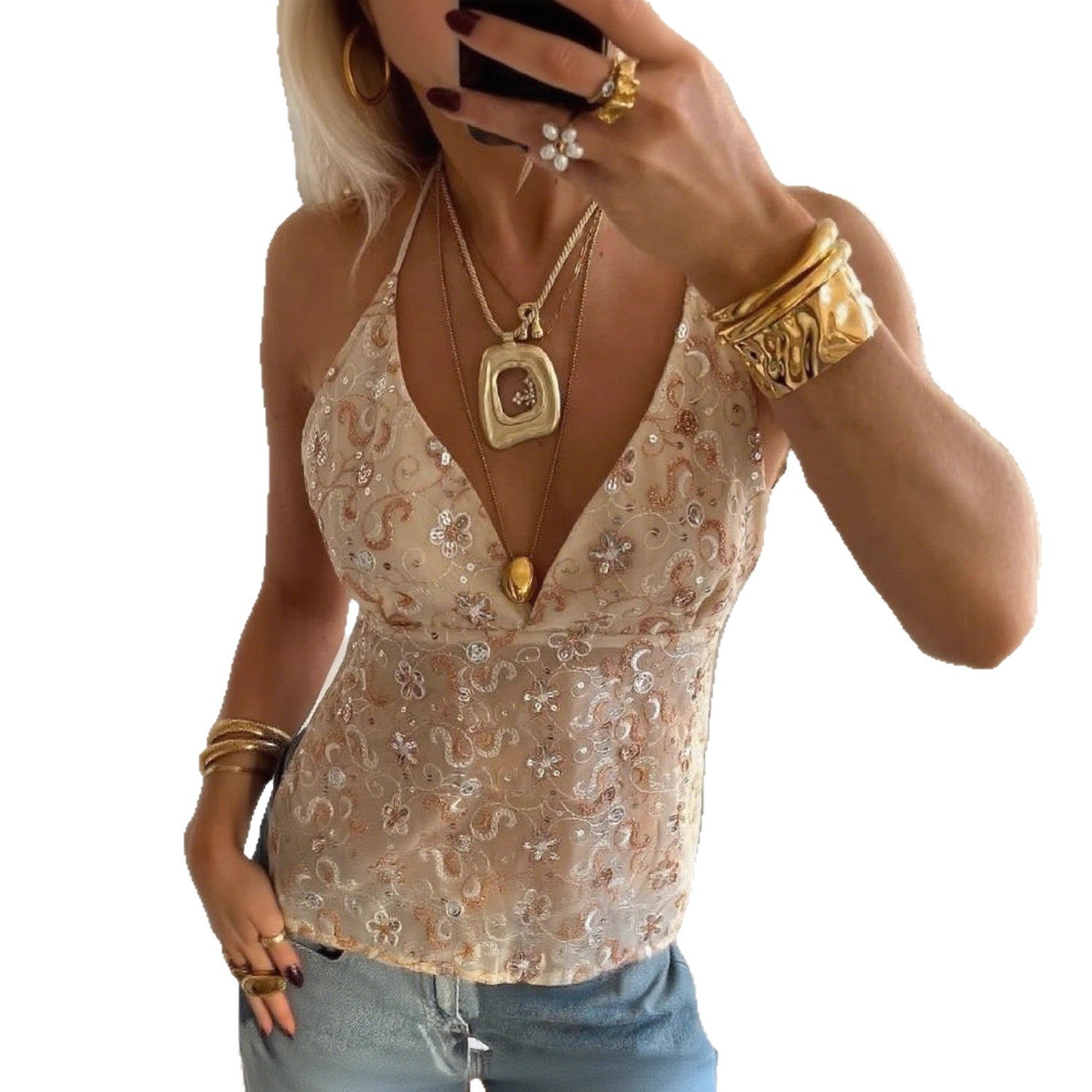 Damen Elegantes Spitzentop mit tiefem V-Ausschnitt und feiner Bestickung R&B