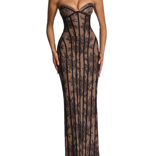Damen figurbetontes Spitzenkleid mit schulterfreiem Design und elegantem Taillenschnitt R&B
