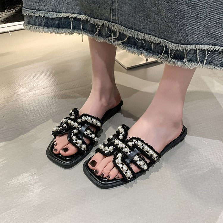Damen elegante Mules mit Perlenverzierung R&B