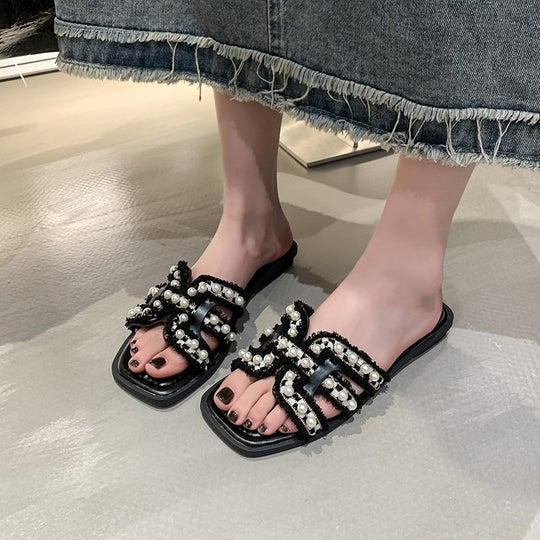 Damen elegante Mules mit Perlenverzierung R&B