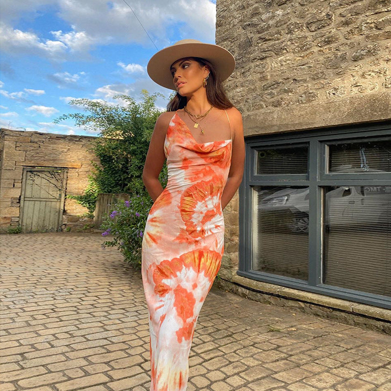 Damen langes Sommerkleid mit floralem Druck und verstellbaren Spaghettiträgern R&B