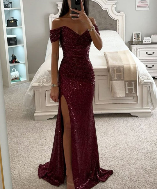 Damen Glamouröses Abendkleid mit schulterfreiem Schnitt und schimmerndem Stoff R&B