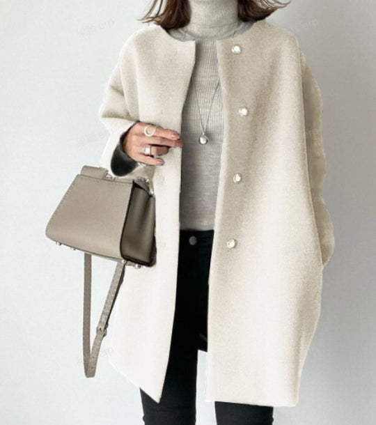 Damen Eleganter Oversized Wollmantel mit Doppelknopf-Verschluss und seitlichen Taschen R&B