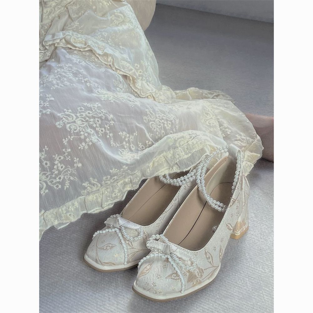 Damen elegante Pumps mit dekorativen Blumenmustern und Perlenschleifen R&B