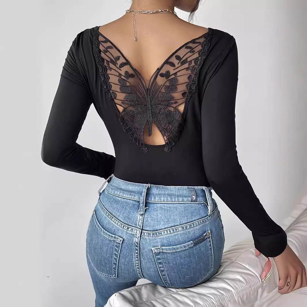 Damen Langarm Bodysuit mit eleganter Rückenausschnitt-Optik und bezaubernden Spitzenakzenten R&B