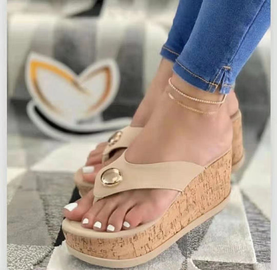 Damen nan Zehentrenner-Plateau-Sandalette mit Korkkeilabsatz und dekorativem Zierknopf R&B