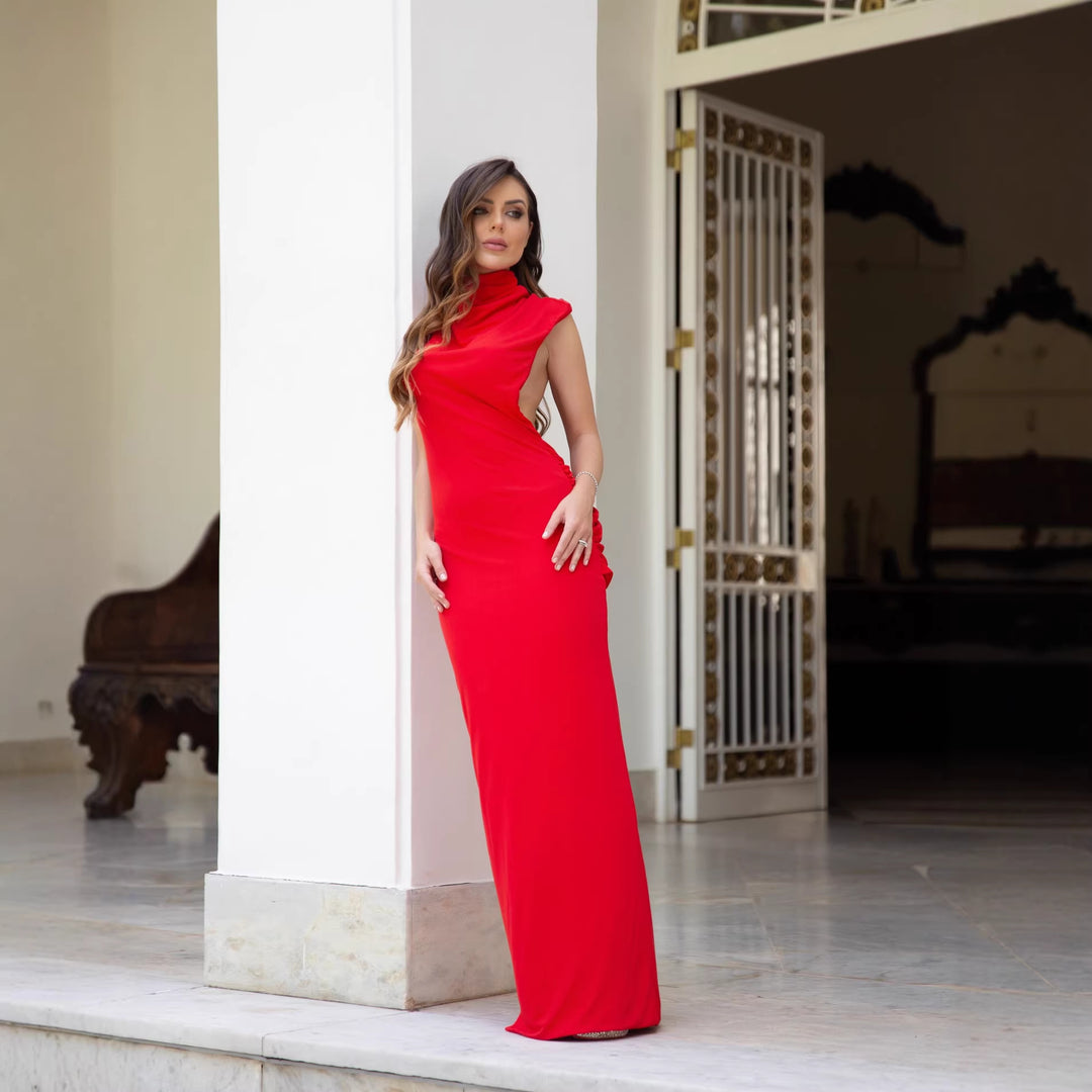Damen stilvolles Maxikleid mit asymmetrischem Schnitt und hohem Stehkragen R&B