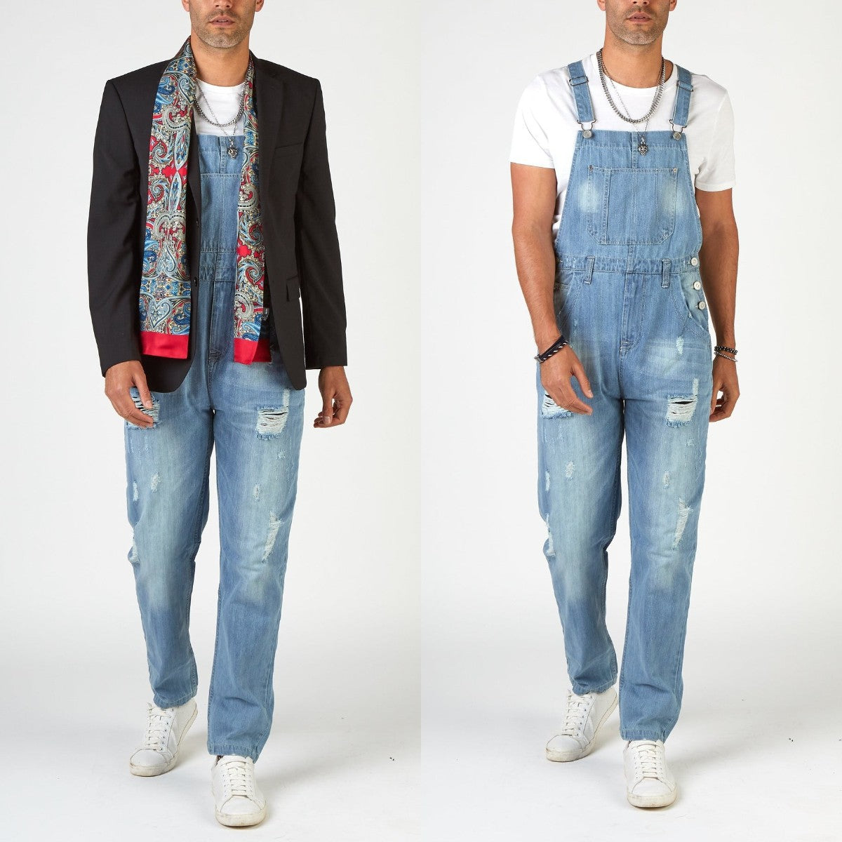 Herren Jeans-Latzhose aus gewaschenem Denim mit Rissdetails