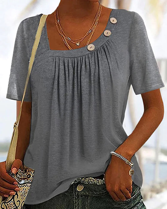 Damen nan locker sitzendes Kurzarmshirt mit quadratischem Ausschnitt, geraffter Brustpartie und Zierknopf-Detail R&B