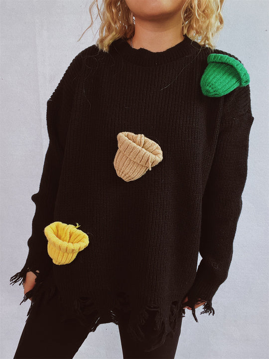 Damen lässiger Oversize-Pullover mit fransigen Details und bunten Applikationen R&B