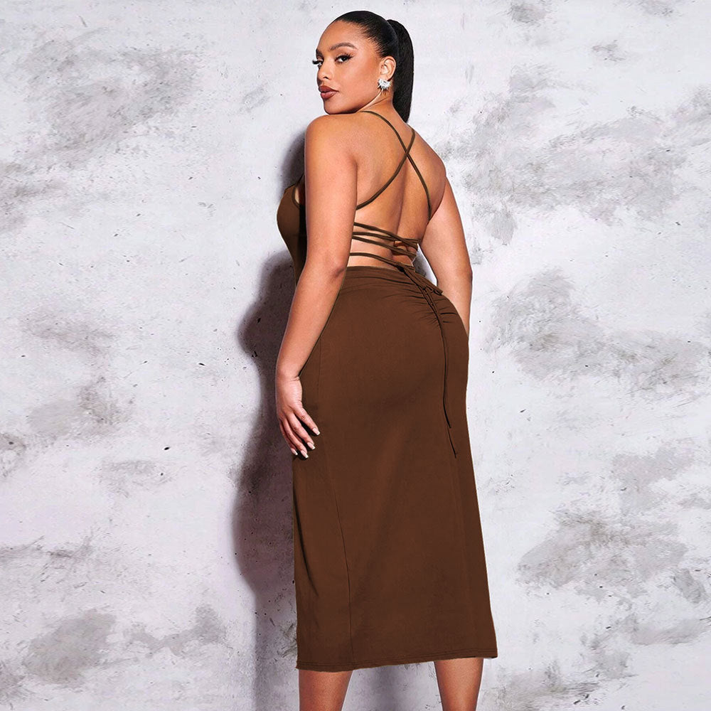 Damen schickes Maxikleid mit Spaghetti-Trägern und seitlichem Schlitz R&B