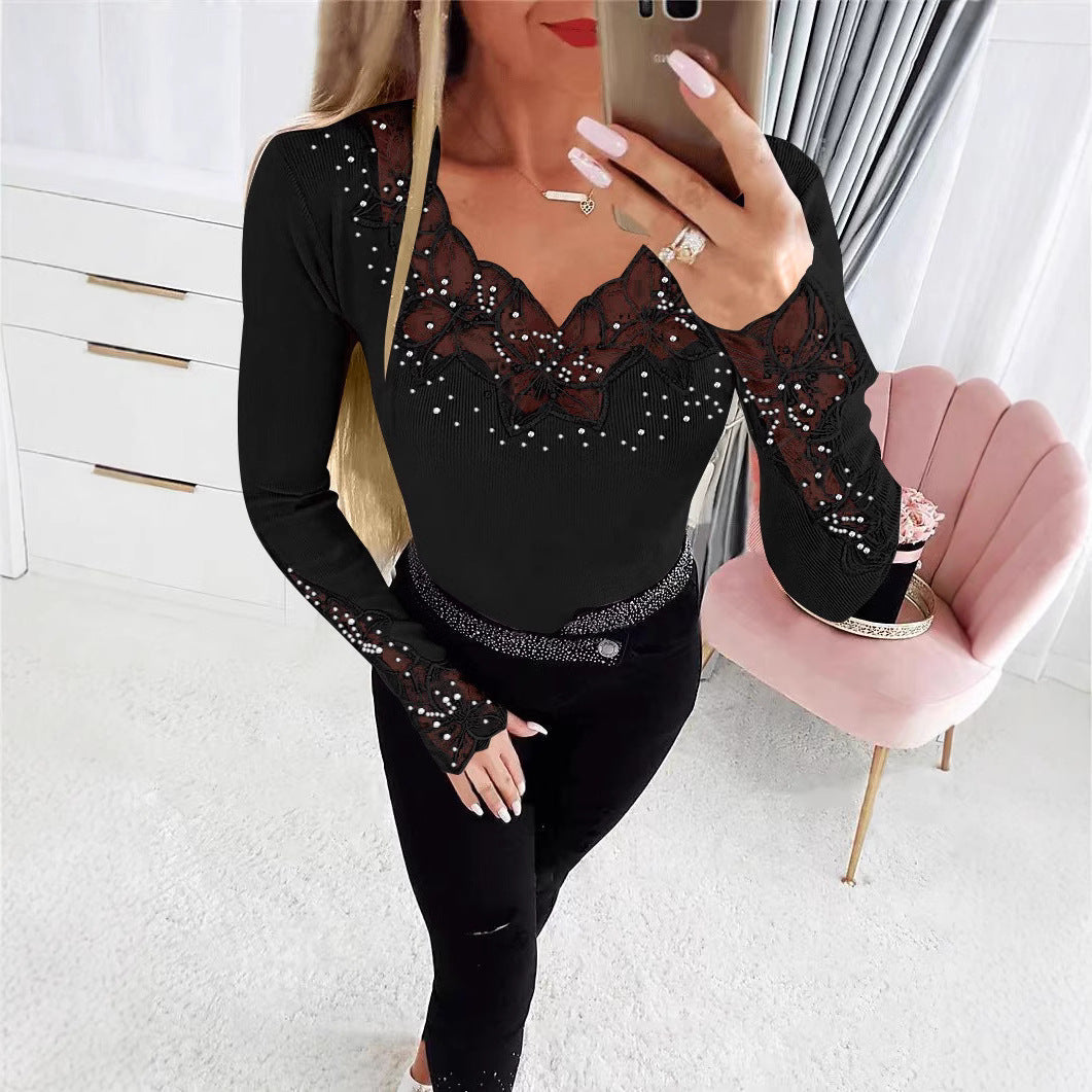 Damen Elegantes Shirt mit floralen Spitzenapplikationen und funkelnden Details R&B