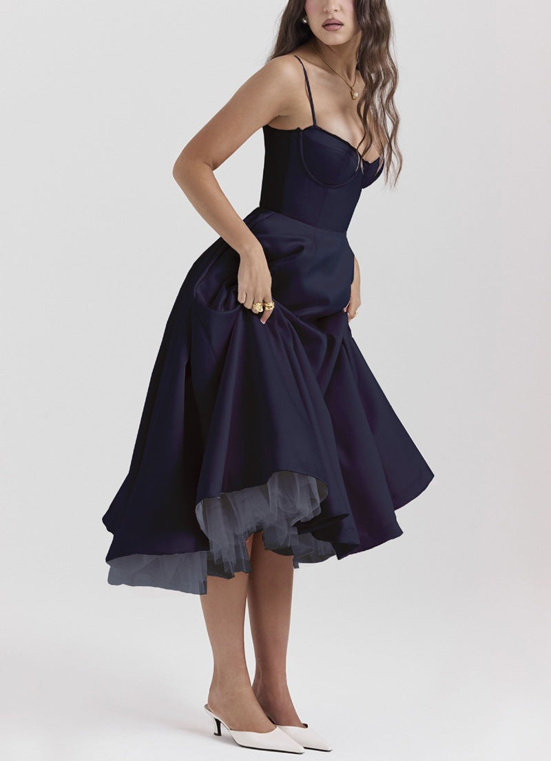 Damen nan tailliertes retro-inspiriertes Midikleid mit Korsage Unterbrustnähten Tellerrock und Eingrifftaschen R&B
