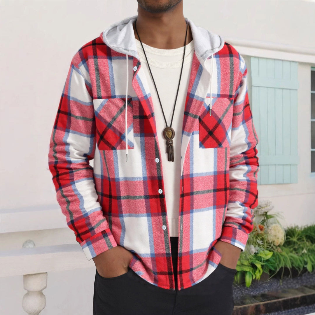 Herren Karierte Flanelljacke mit Hoodie und praktischen Taschen R&B