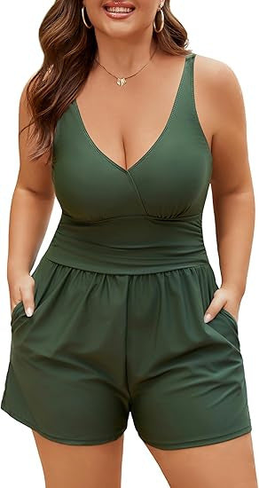 Damen Playsuit mit tiefem V-Ausschnitt und seitlichen Taschen R&B
