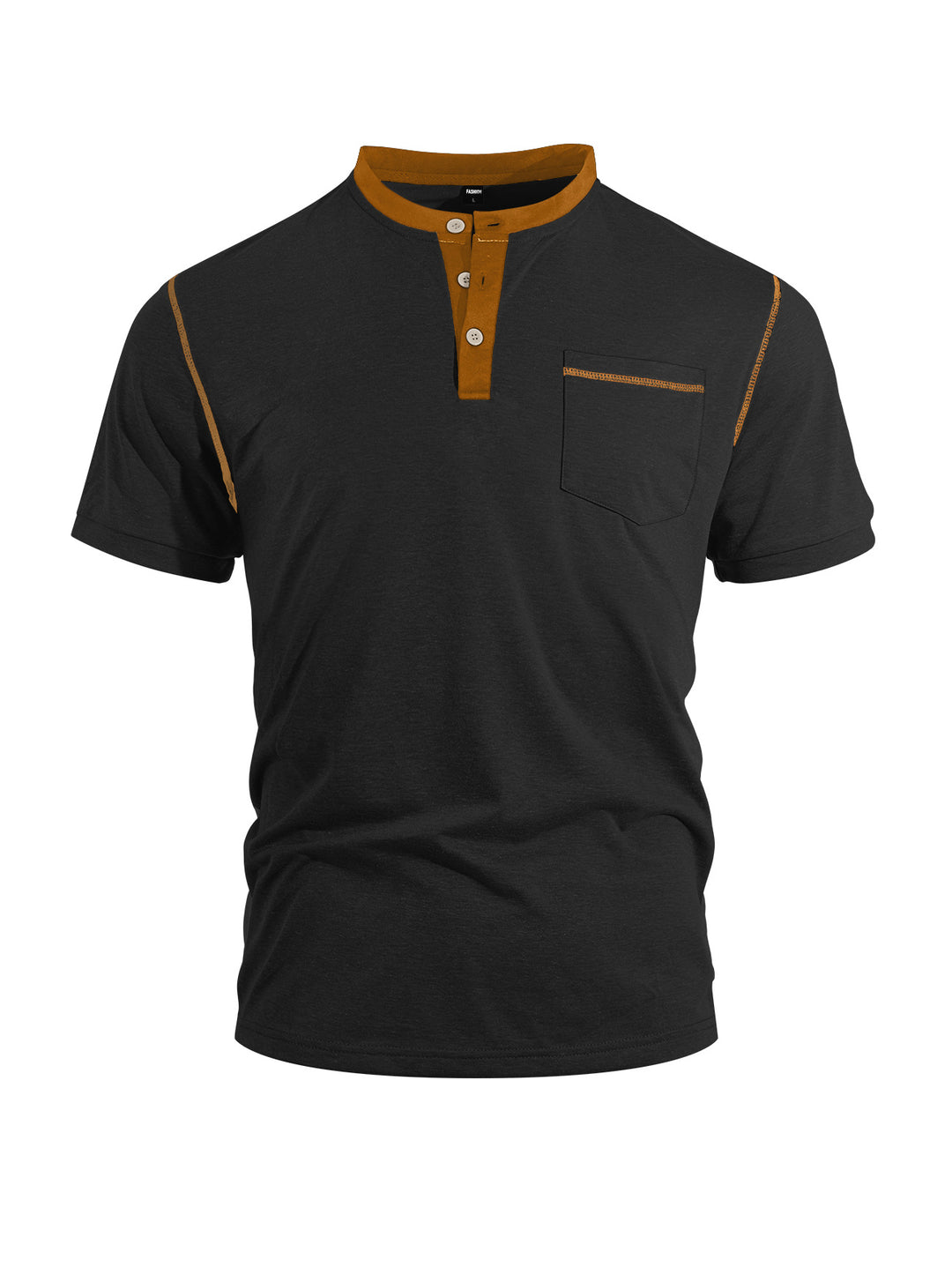 Herren nan legeres Kurzarm-Bandkragenshirt mit Knopfleiste Brusttasche und Flatlocknähten R&B