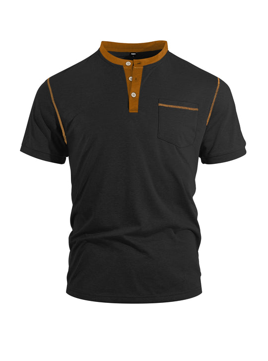 Herren nan legeres Kurzarm-Bandkragenshirt mit Knopfleiste Brusttasche und Flatlocknähten R&B