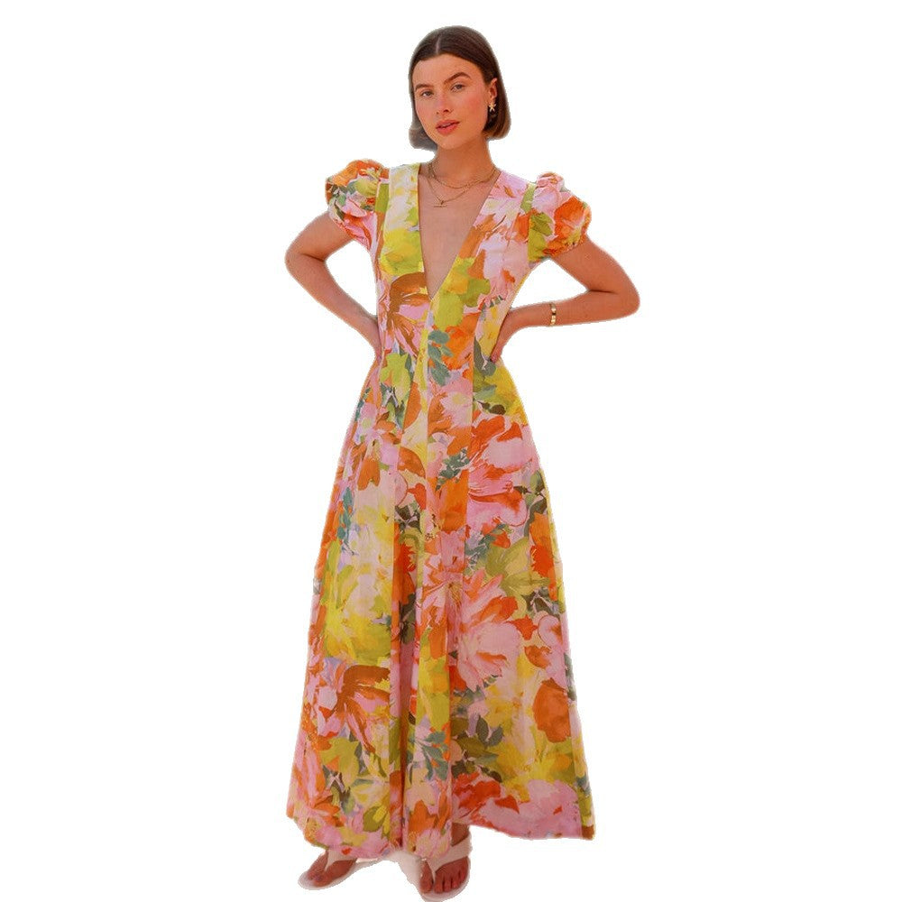 Damen Maxikleid mit tiefem V-Ausschnitt und voluminösen Ärmeln R&B