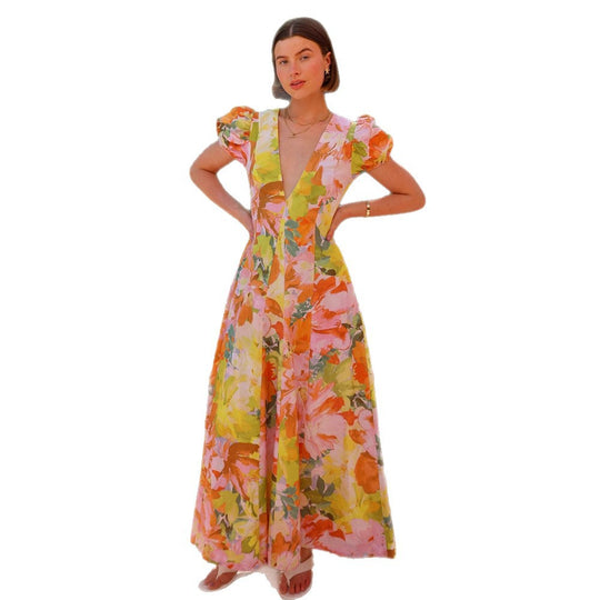Damen Maxikleid mit tiefem V-Ausschnitt und voluminösen Ärmeln R&B