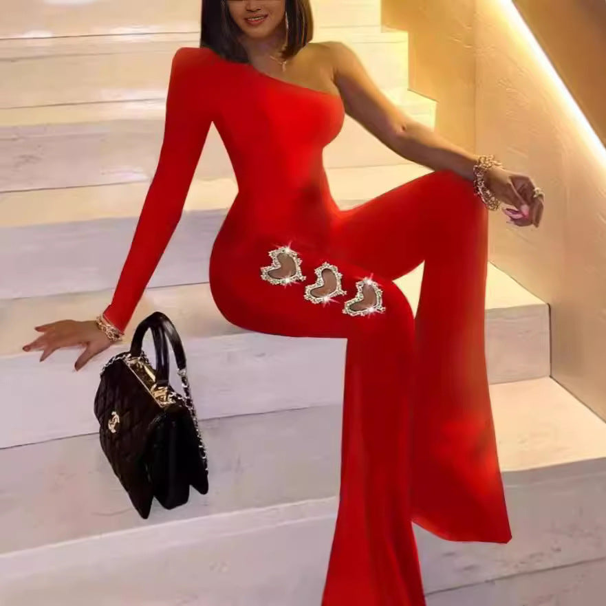 Damen Elegantes einseitiges Flare-Jumpsuit mit dekorativen Verzierungen R&B