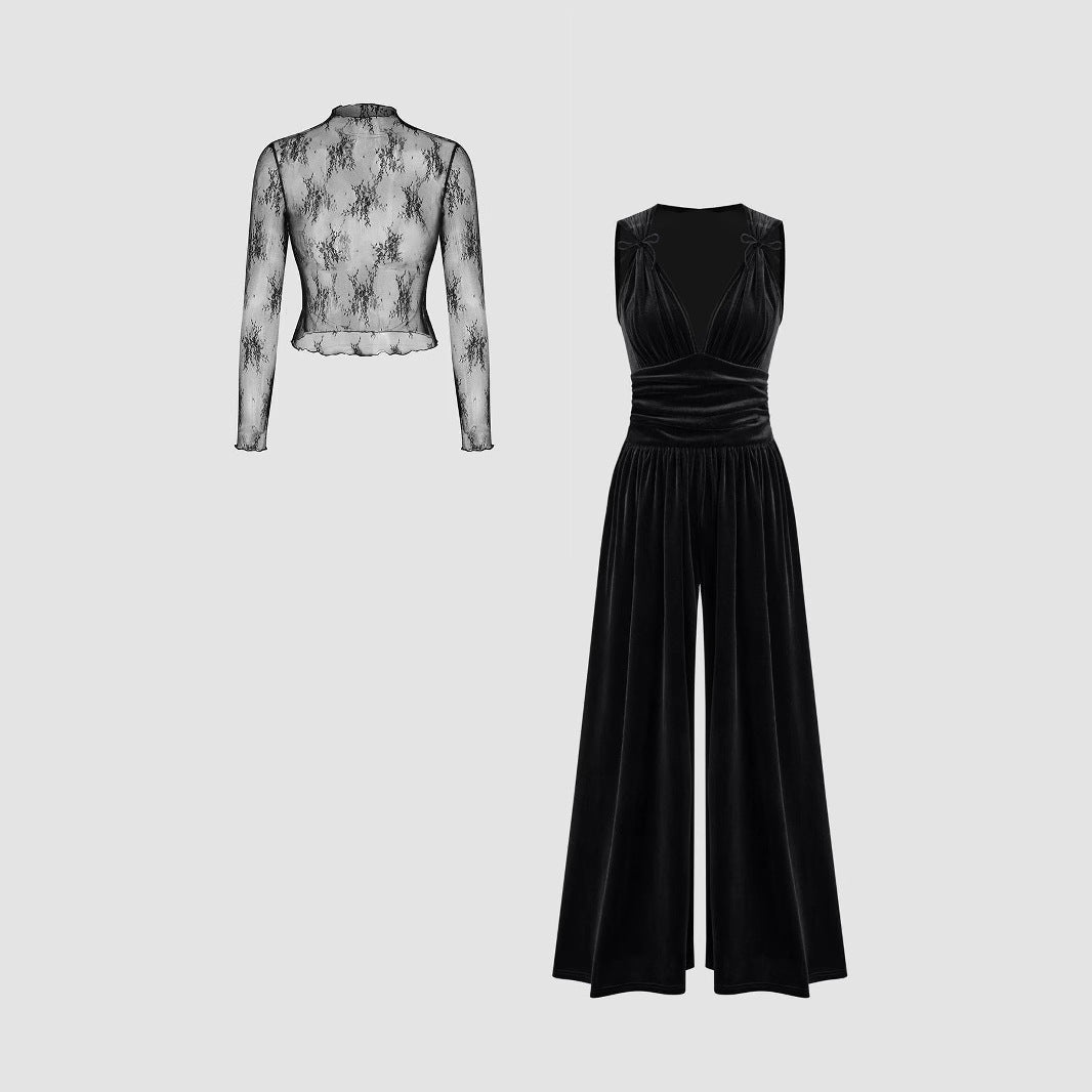Damen elegante Spitzenbluse mit schmalem Schnitt und weitem Hosenanzug R&B