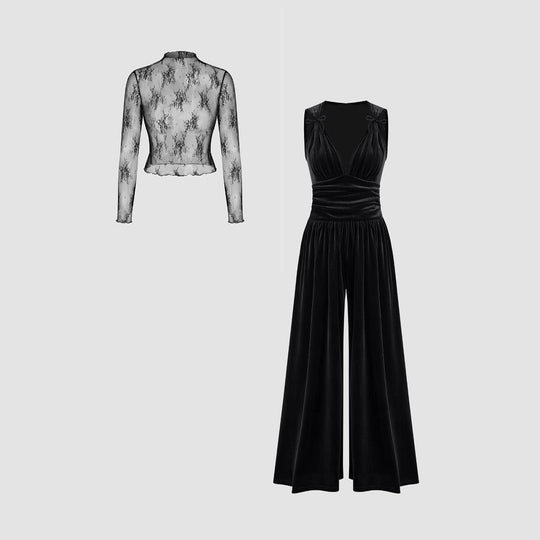 Damen elegante Spitzenbluse mit schmalem Schnitt und weitem Hosenanzug R&B