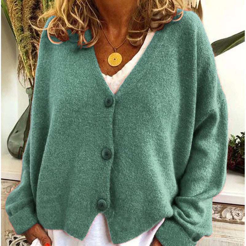 Damen lässiger Strickcardigan mit tiefem V-Ausschnitt und großen Knöpfen R&B