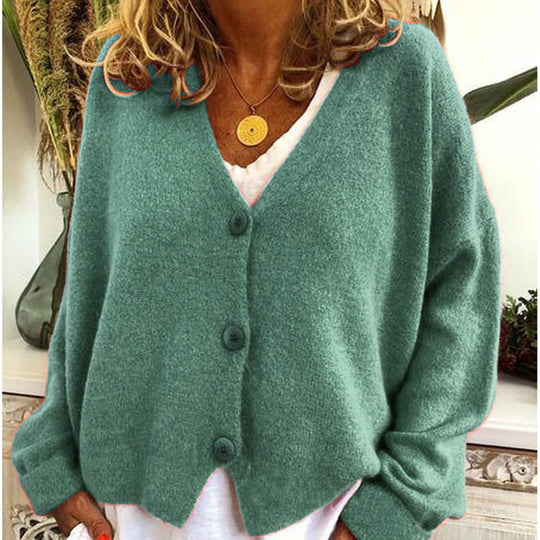 Damen lässiger Strickcardigan mit tiefem V-Ausschnitt und großen Knöpfen R&B