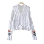 Damen Strickpullover mit floralem Design und V-Ausschnitt