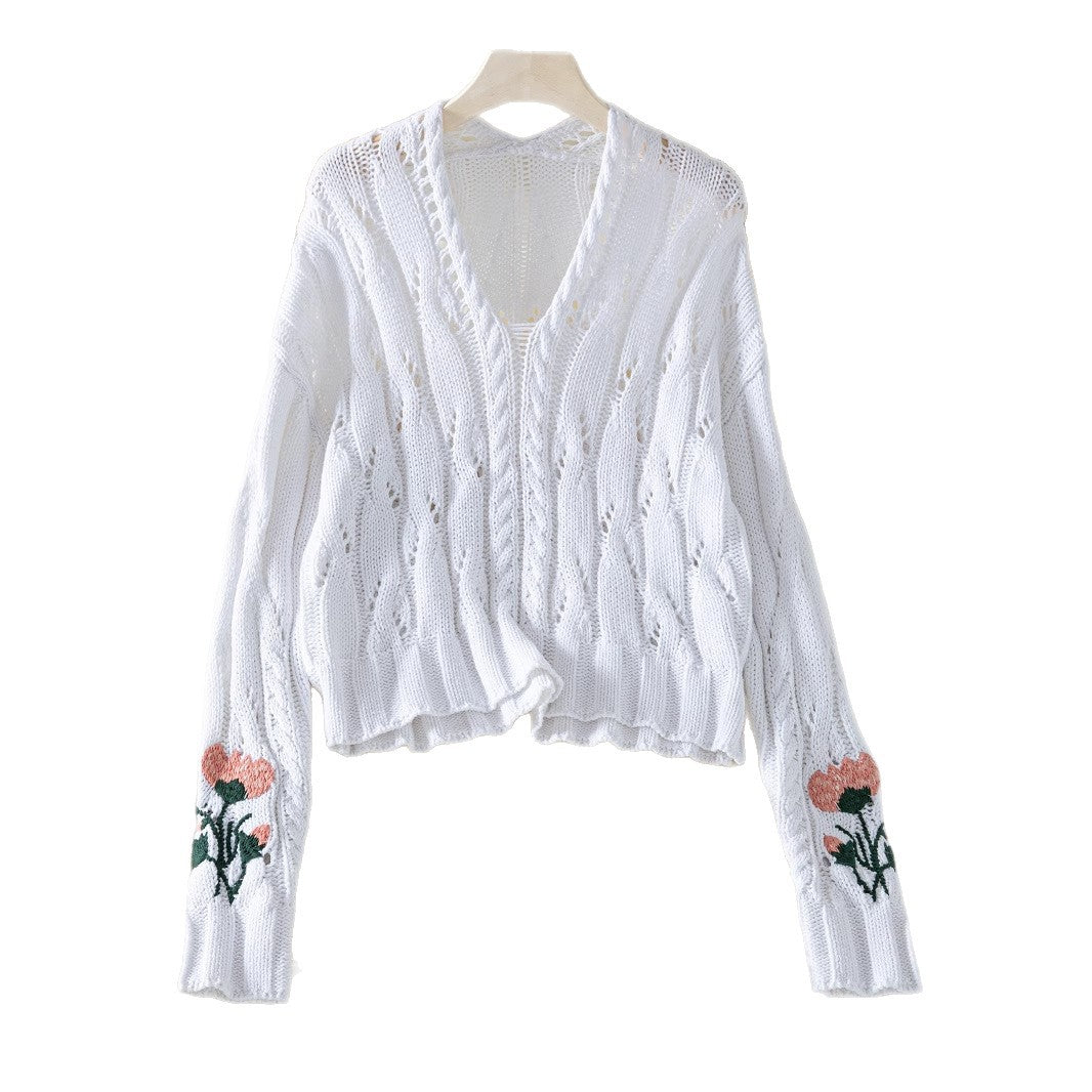 Damen Strickpullover mit floralem Design und V-Ausschnitt