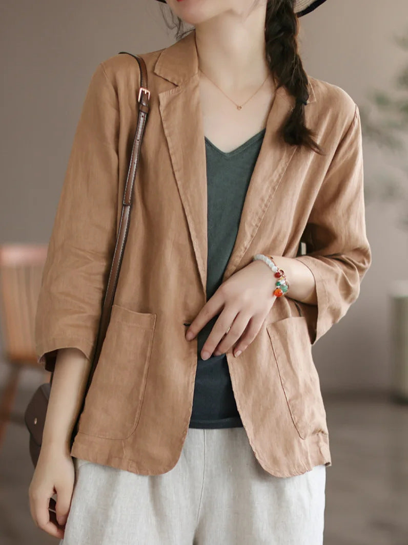Damen Lässiger Leinenblazer mit breiten Ärmeln und Knopfverschluss R&B