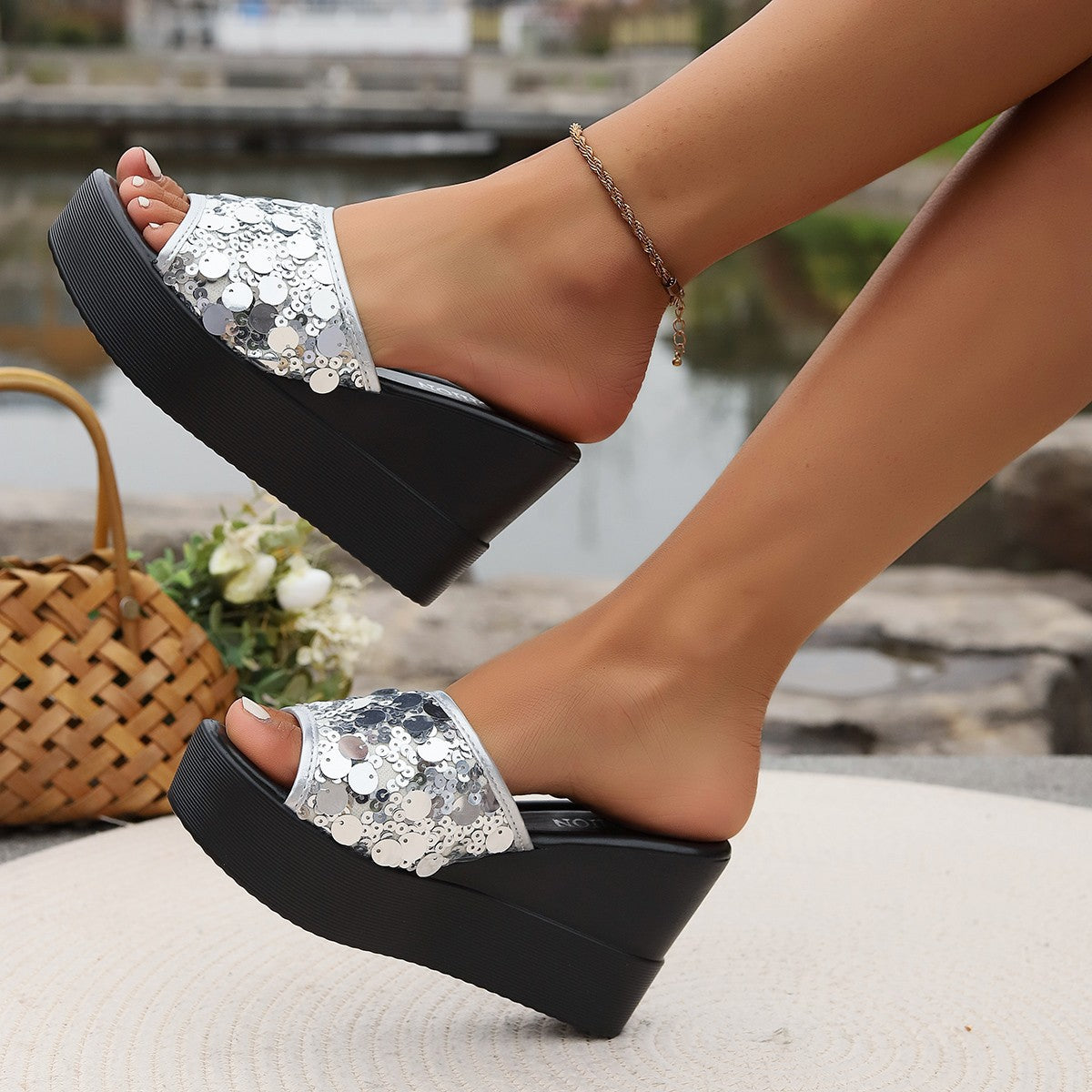Damen Glamouröse Plattform-Sandalen mit Paillettenverzierung R&B