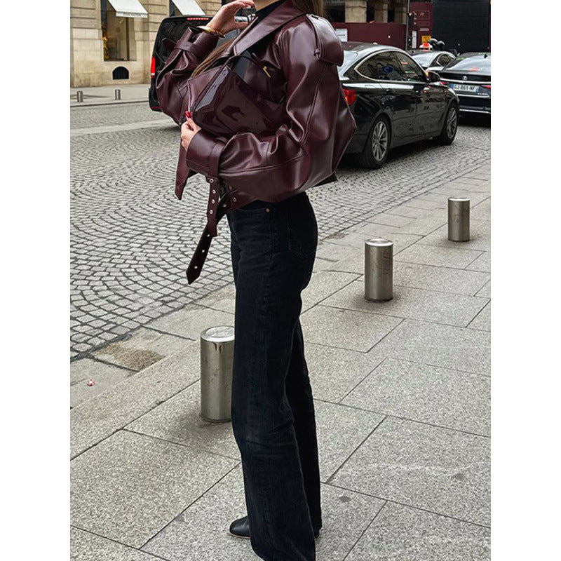 Damen modische Kunstlederjacke mit voluminösen Ärmeln R&B